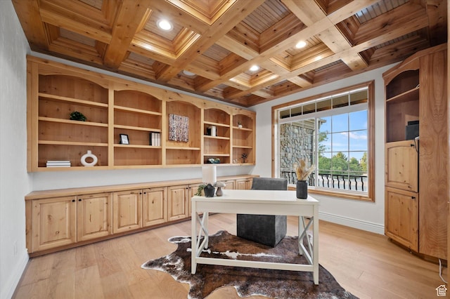 home office featuring coffered ceiling, baseboards, light wood-style floors, and wooden ceiling