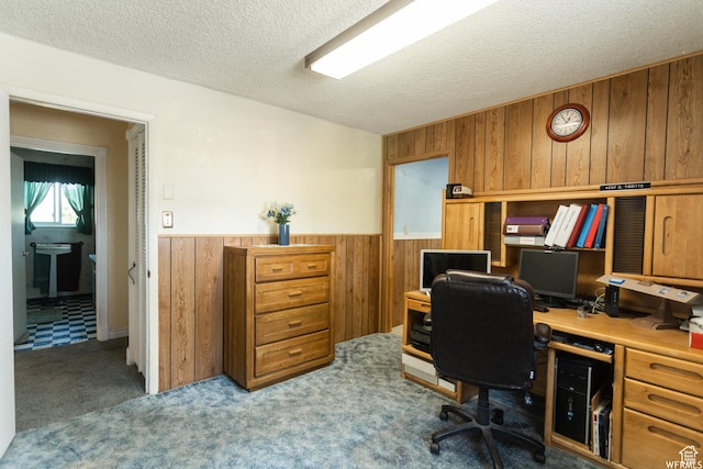 office space featuring carpet, wooden walls, a textured ceiling, and wainscoting