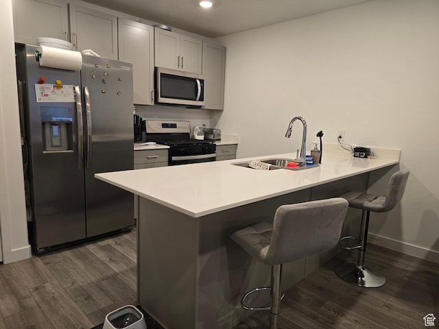 kitchen with a sink, a kitchen breakfast bar, a peninsula, stainless steel appliances, and dark wood-type flooring