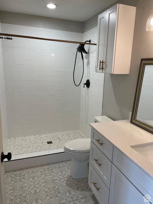 bathroom featuring vanity, toilet, tile patterned floors, and a shower stall