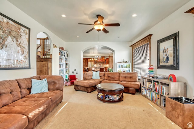 2118 S Centennial Blvd S, Saratoga Springs, UT 84045 - living area featuring arched walkways, carpet, ceiling fan, recessed lighting, and a chandelier