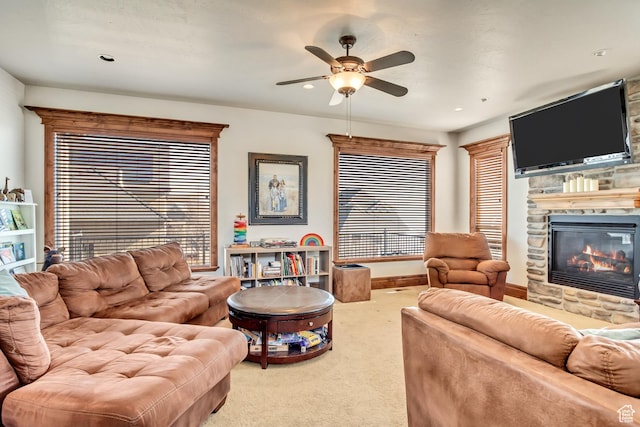 2118 S Centennial Blvd S, Saratoga Springs, UT 84045 - carpeted living area with a ceiling fan, a fireplace, and recessed lighting