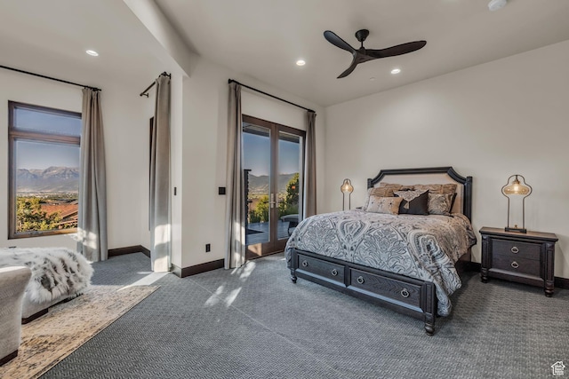 carpeted bedroom featuring ceiling fan, baseboards, access to exterior, and recessed lighting