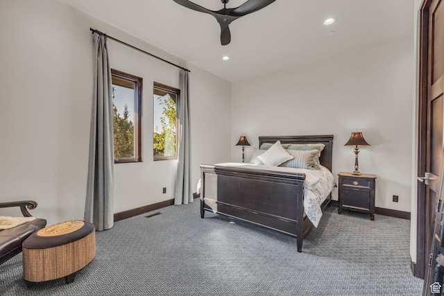 bedroom with recessed lighting, carpet, visible vents, baseboards, and ceiling fan