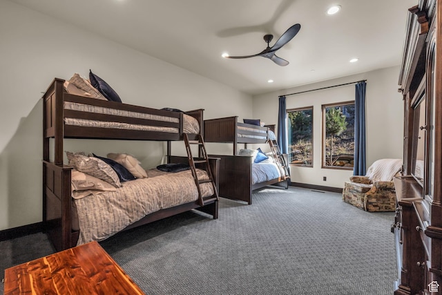 carpeted bedroom featuring ceiling fan, baseboards, visible vents, and recessed lighting