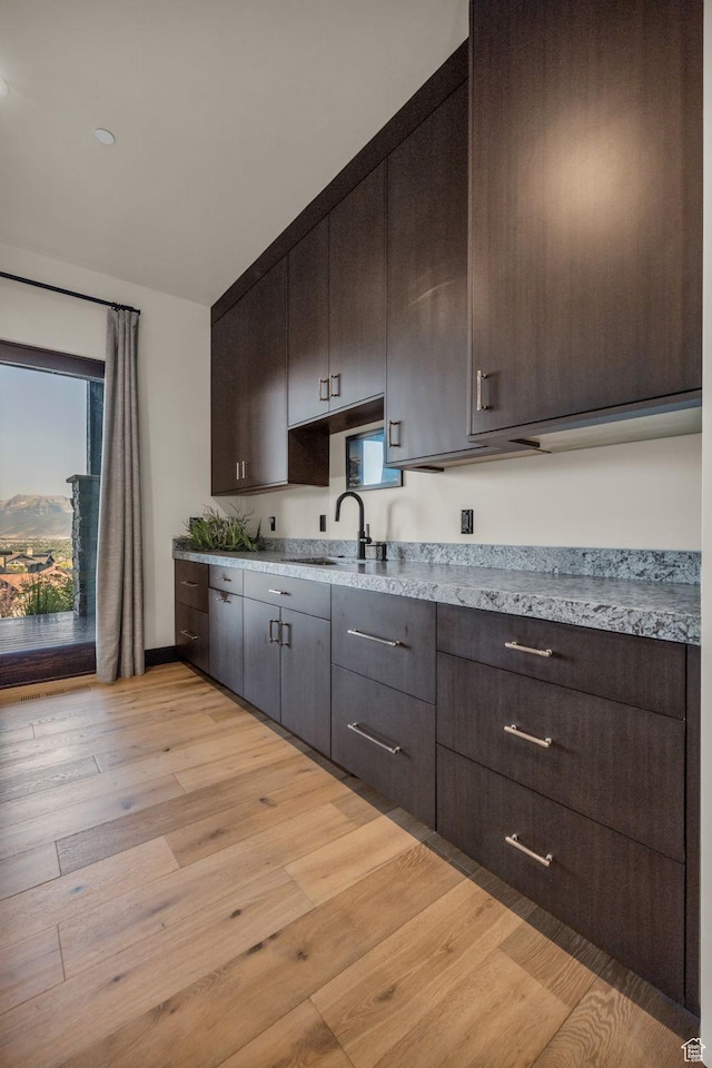 kitchen featuring a wealth of natural light, dark brown cabinets, a sink, and light wood-type flooring