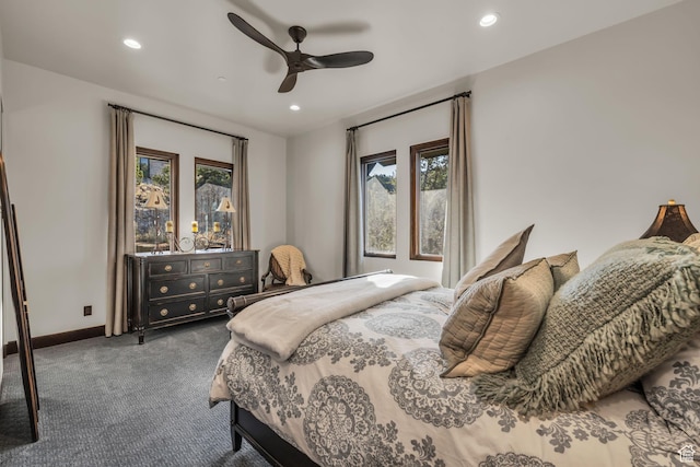 bedroom with recessed lighting, carpet, a ceiling fan, and baseboards