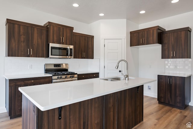 kitchen featuring stainless steel appliances, dark brown cabinets, wood finished floors, a sink, and tasteful backsplash