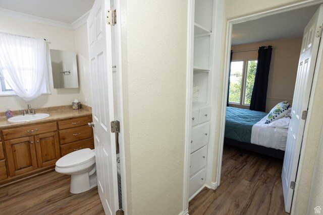566 S Main St, Lyman, UT 84749 - bathroom with wood finished floors, toilet, vanity, crown molding, and connected bathroom