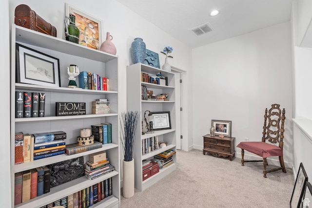 sitting room featuring recessed lighting, carpet, visible vents, and baseboards
