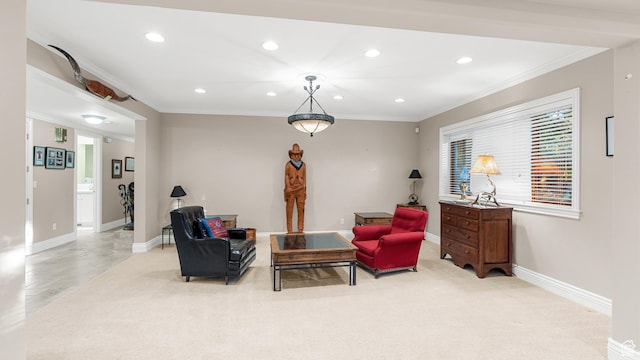 5210 Skyline Pkwy, Ogden, UT 84403 - sitting room featuring light colored carpet, recessed lighting, baseboards, and ornamental molding