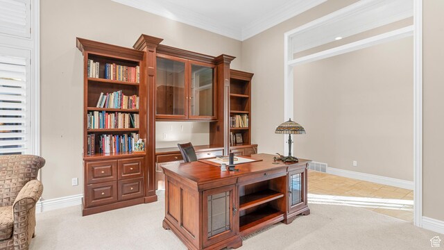 5210 Skyline Pkwy, Ogden, UT 84403 - home office with baseboards, ornamental molding, visible vents, and light carpet