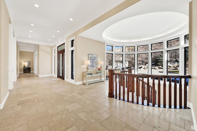 5210 Skyline Pkwy, Ogden, UT 84403 - hallway featuring baseboards, crown molding, recessed lighting, and stone tile flooring