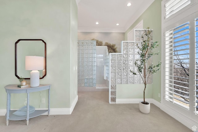 5210 Skyline Pkwy, Ogden, UT 84403 - bathroom featuring a wealth of natural light, crown molding, walk in shower, baseboards, and recessed lighting