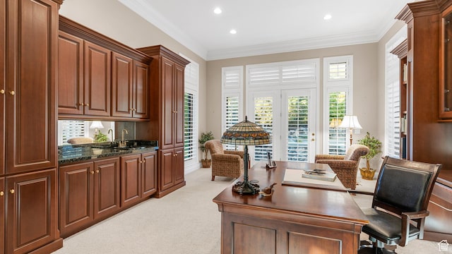 5210 Skyline Pkwy, Ogden, UT 84403 - office area with light carpet, crown molding, and recessed lighting