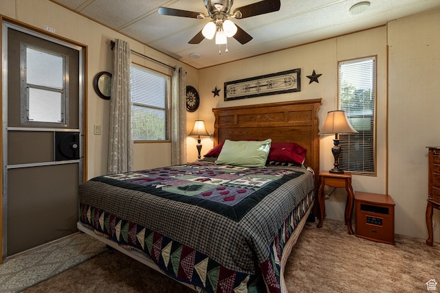 carpeted bedroom with a textured ceiling, ceiling fan, and multiple windows