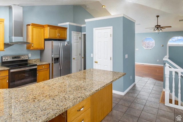 232 Bugle Way, Providence, UT 84332 - kitchen with vaulted ceiling, wall chimney exhaust hood, stainless steel appliances, baseboards, and dark tile patterned flooring