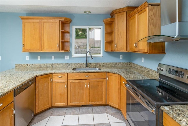 232 Bugle Way, Providence, UT 84332 - kitchen featuring a sink, wall chimney range hood, open shelves, and appliances with stainless steel finishes
