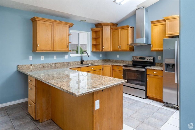 232 Bugle Way, Providence, UT 84332 - kitchen featuring a sink, light stone countertops, appliances with stainless steel finishes, a peninsula, and exhaust hood