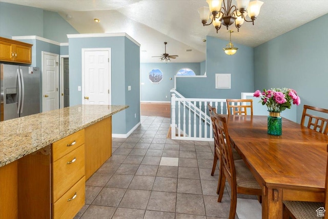 232 Bugle Way, Providence, UT 84332 - dining space featuring baseboards, lofted ceiling, tile patterned floors, and ceiling fan with notable chandelier