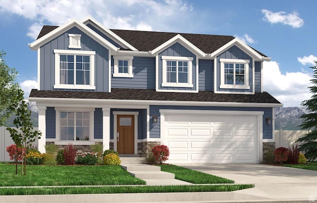 view of front facade featuring board and batten siding, a garage, concrete driveway, and a shingled roof