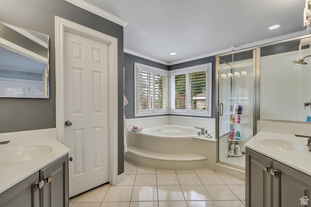 2768 W Country Classic Dr, Bluffdale, UT 84065 - full bathroom with crown molding, a sink, tile patterned flooring, and a stall shower