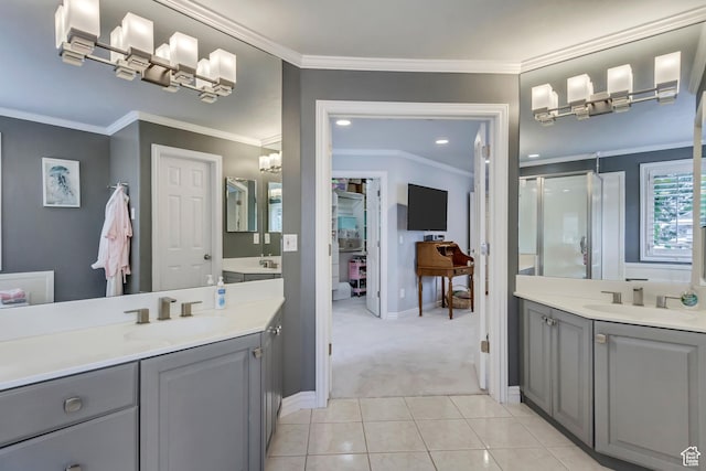2768 W Country Classic Dr, Bluffdale, UT 84065 - bathroom with a sink, tile patterned flooring, two vanities, and a stall shower