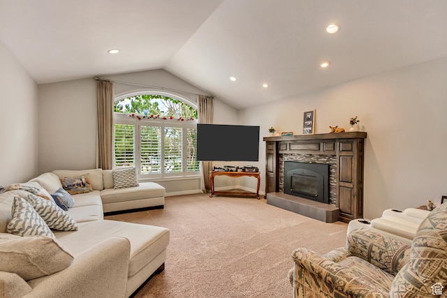 2768 W Country Classic Dr, Bluffdale, UT 84065 - living area featuring recessed lighting, carpet, a fireplace, and vaulted ceiling