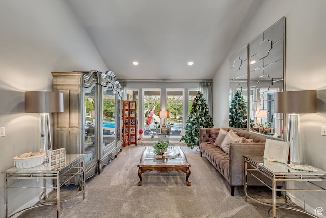 2768 W Country Classic Dr, Bluffdale, UT 84065 - living room featuring high vaulted ceiling, recessed lighting, and carpet flooring