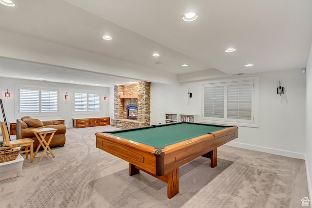 2768 W Country Classic Dr, Bluffdale, UT 84065 - rec room with pool table, a stone fireplace, baseboards, recessed lighting, and light colored carpet