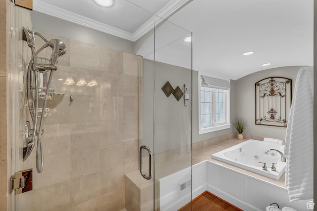 2218 W 2575 N, Cedar City, UT 84721 - full bathroom with a jetted tub, a shower stall, ornamental molding, and recessed lighting
