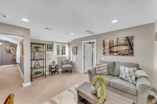 2218 W 2575 N, Cedar City, UT 84721 - living room with lofted ceiling, recessed lighting, visible vents, light carpet, and baseboards