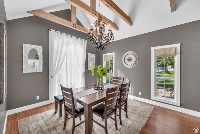 2218 W 2575 N, Cedar City, UT 84721 - dining space featuring baseboards, beamed ceiling, wood finished floors, an inviting chandelier, and high vaulted ceiling