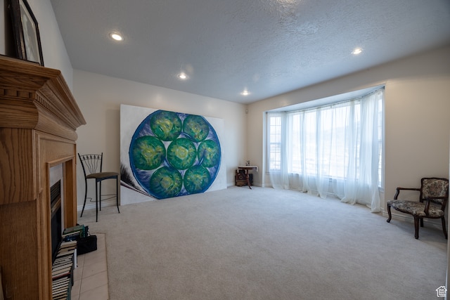 living area with light colored carpet and a textured ceiling