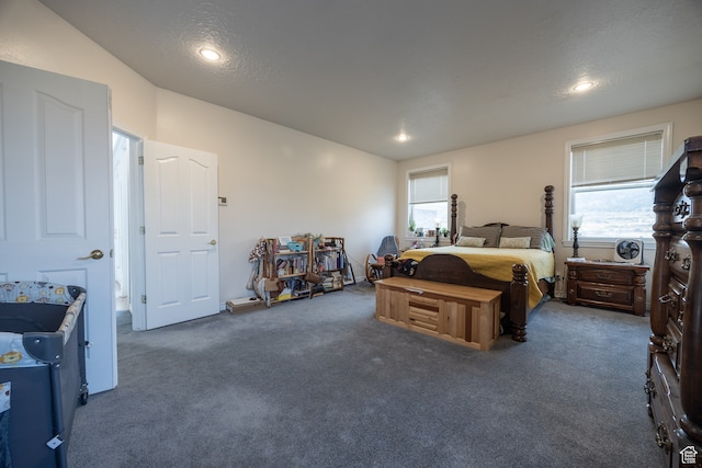 carpeted bedroom featuring multiple windows and a textured ceiling