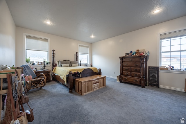 bedroom featuring a textured ceiling, dark colored carpet, and multiple windows