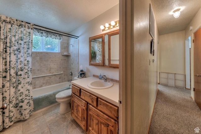 343 S Tusher St, Moab, UT 84532 - bathroom featuring shower / bath combination with curtain, a textured ceiling, vanity, and toilet