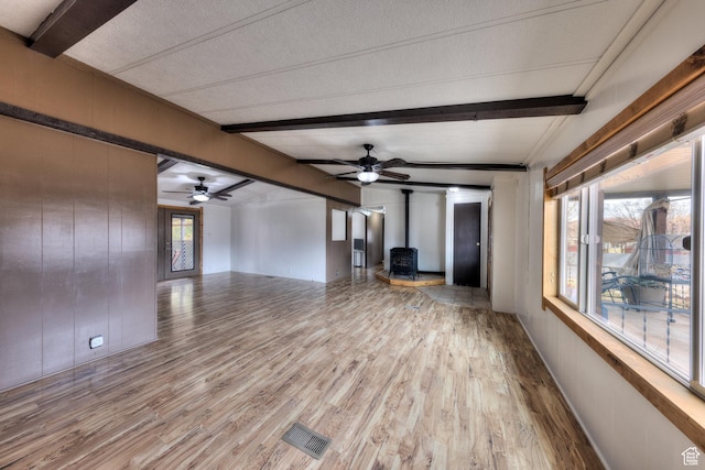 unfurnished living room featuring visible vents, beam ceiling, a wood stove, and wood finished floors