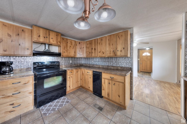 kitchen with range hood, a textured ceiling, light tile patterned flooring, black / electric stove, and decorative backsplash