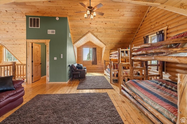14775 N 12565 E 66&67, Mount Pleasant, UT 84647 - bedroom with visible vents, wood-type flooring, log walls, and high vaulted ceiling