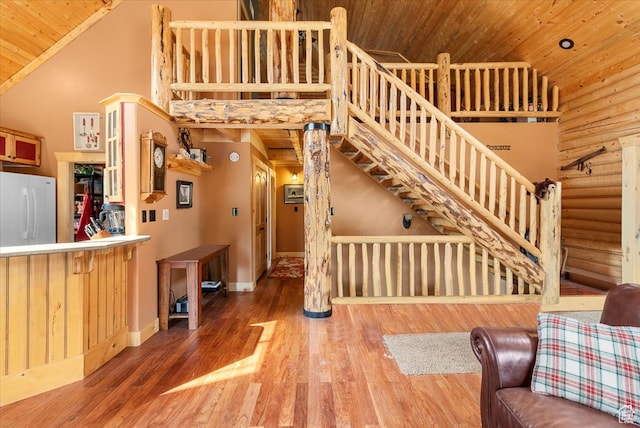 14775 N 12565 E 66&67, Mount Pleasant, UT 84647 - stairway with wood finished floors, wood ceiling, and high vaulted ceiling