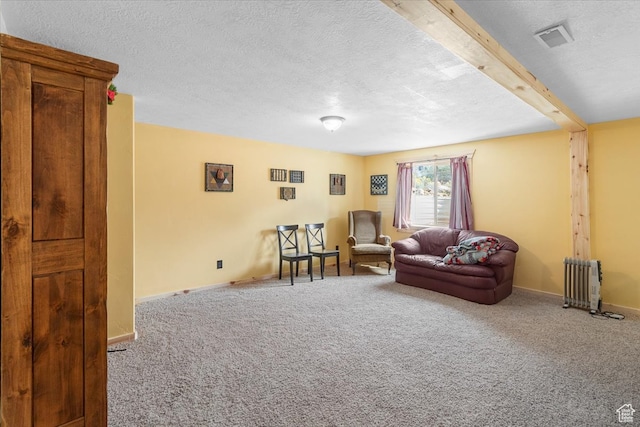 14775 N 12565 E 66&67, Mount Pleasant, UT 84647 - carpeted living room featuring visible vents, radiator, a textured ceiling, and baseboards