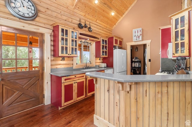 14775 N 12565 E 66&67, Mount Pleasant, UT 84647 - kitchen featuring white appliances, high vaulted ceiling, a sink, dark wood-type flooring, and wooden ceiling