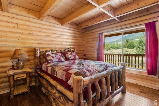 14775 N 12565 E 66&67, Mount Pleasant, UT 84647 - bedroom with beamed ceiling, access to outside, hardwood / wood-style flooring, rustic walls, and wood ceiling