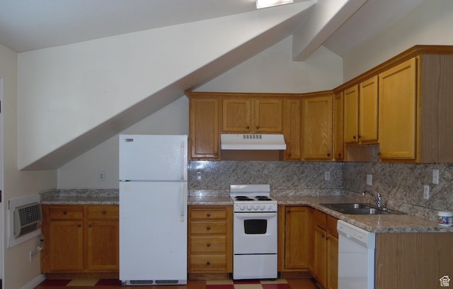 14112 S Senior Band Rd, Draper, UT 84020 - kitchen with lofted ceiling with beams, decorative backsplash, white appliances, under cabinet range hood, and a sink