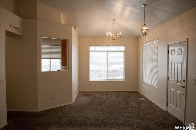 14112 S Senior Band Rd, Draper, UT 84020 - unfurnished room featuring baseboards, carpet flooring, vaulted ceiling, and a chandelier