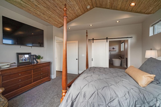 1806 S Summit Haven Dr Unit 1, Francis, UT 84036 - carpeted bedroom featuring wood ceiling, a barn door, lofted ceiling, and recessed lighting