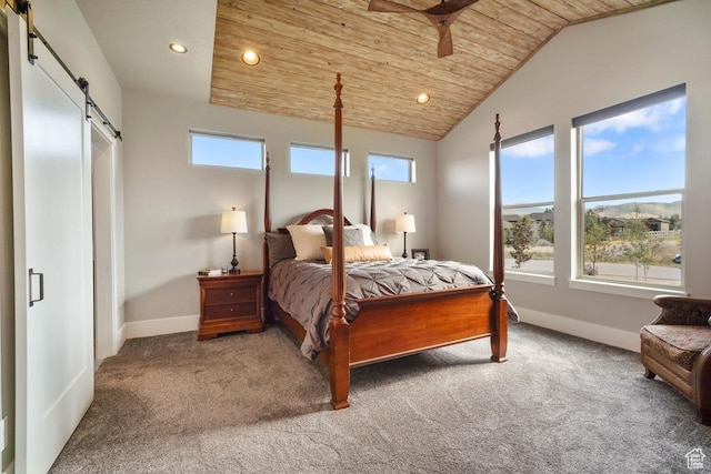 1806 S Summit Haven Dr Unit 1, Francis, UT 84036 - carpeted bedroom featuring a barn door, baseboards, wooden ceiling, and recessed lighting