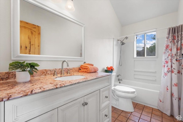 2328 W 300 N, Provo, UT 84601 - full bathroom with toilet, shower / bath combo with shower curtain, vaulted ceiling, tile patterned floors, and vanity