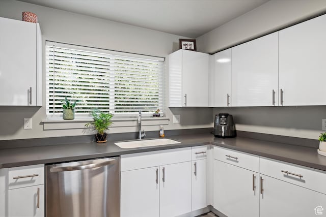 kitchen featuring a sink, white cabinetry, dark countertops, and dishwasher